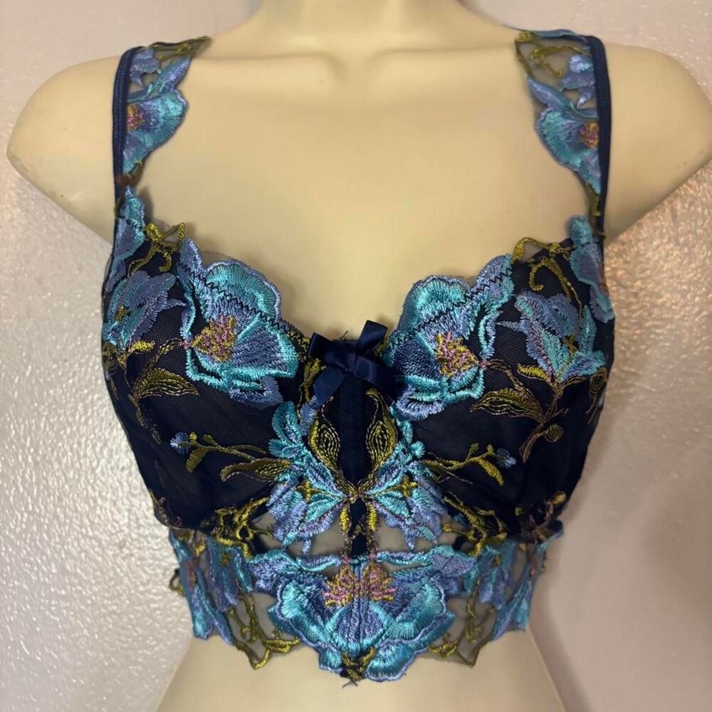 Y2K Vintage Floral Embroidered Mesh Bustier Bra Top Size L